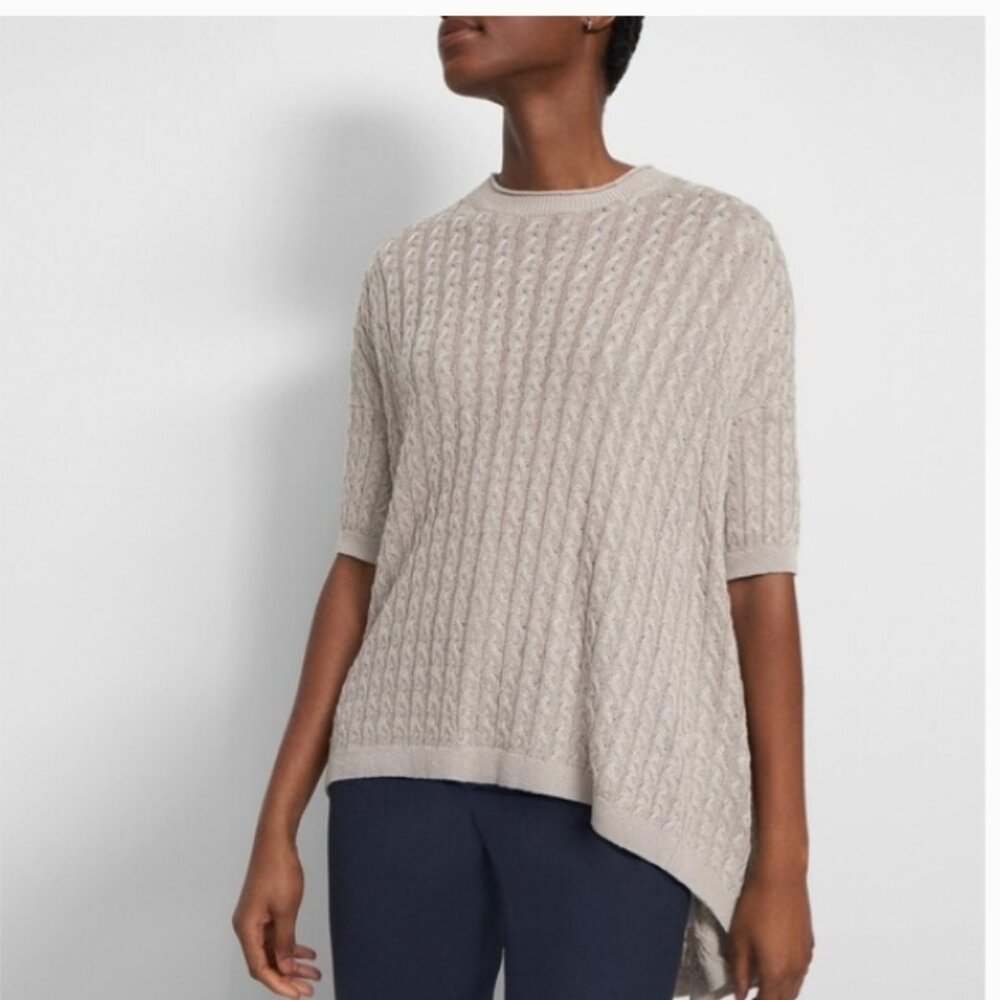Theory Cable Knit Linen-Blend Hi-Lo Short Sleeve Sweater in Beige Medium